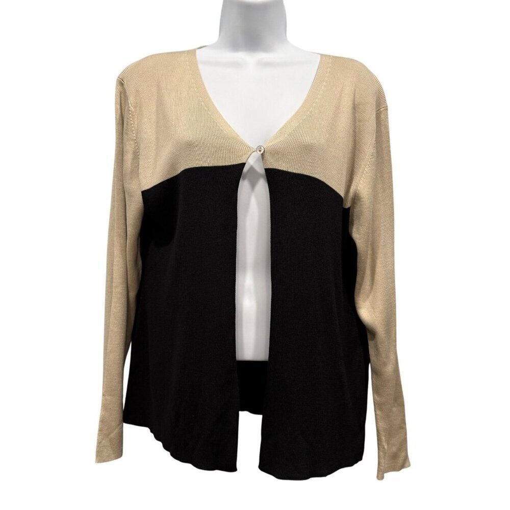 Sue Han 100% Silk Cardigan Black Tan Classic Workwear Luxury Womens‎ XL NEW